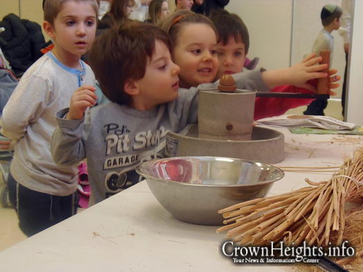 Jayden and her brother and cousin turn the shaft of the flour mill at the Living Legacy Model Matzah Bakery.