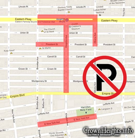 Areas highlighted in red mark places where parking is prohibited for the Lag BaOmer parade and Carnival.