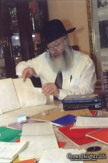 Rabbi Sholom Ber Schapiro examins the archives of his ather-in-law, Rabbi Nissan Mindel.