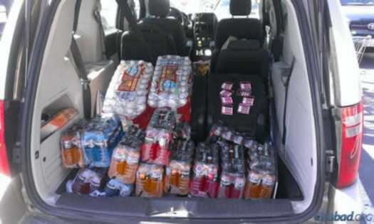 Filling the back of their car with as many supplies as possible, including packages of lip balm.