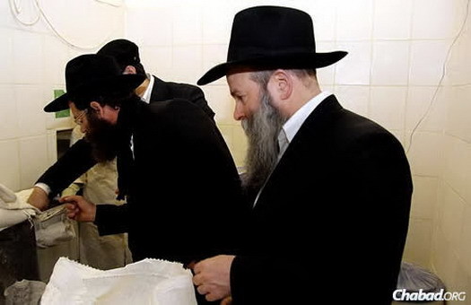 Rabbi Ashkenazi’s son and successor as chief rabbi of Kfar Chabad, Rabbi Meir Ashkenazi, inspects the flour, as Kaminezki looks on.