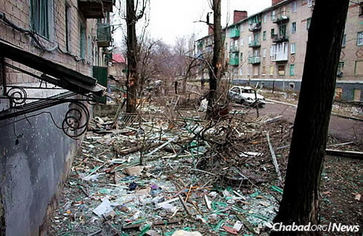 The detritus left in a village in eastern Ukraine following a battle in February.