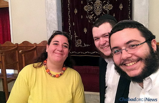 The “Roving Rabbis” with a local resident in the synagogue of Larissa, which serves a community that has been in place for more than 2,000 years.