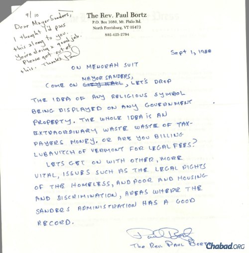 A 1988 letter from Reverend Paul Bortz condemning Sanders for his efforts in the menorah case. Credit: 21/30, Bernard Sanders Papers, Special Collections, University of Vermont Library.