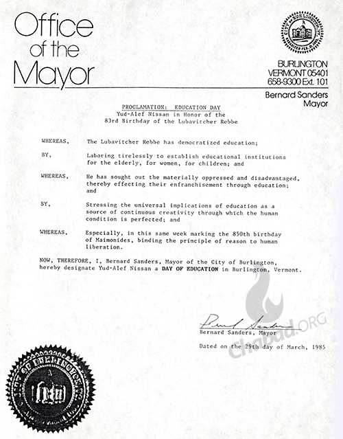 Mayor Bernard Sanders proclaims the Rebbe’s birthday as a Day of Education in Burlington Vermont in 1985. Credit: 39/36, Bernard Sanders Papers, Special Collections, University of Vermont Library.