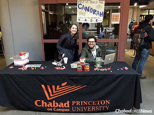 Students encourage others to contribute to a “canorah,” a menorah made from canned-food items that were then donated to the Trenton Area Soup Kitchen, at Chanukah time.