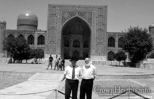 Rabbi Hillel Zaltzman, right, with his brother Rabbi Berel Zaltzman during a visit to Samarkand, Uzbekistan, the city they grew up in and left in 1971.