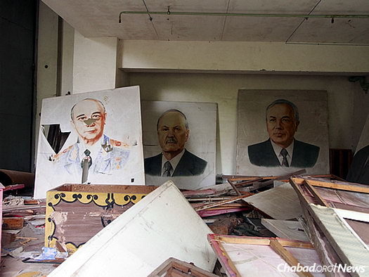 Posters of Soviet leaders still lie in the basement of a school in Pripyat, Ukraine, the abandoned town adjacent to the reactor. 